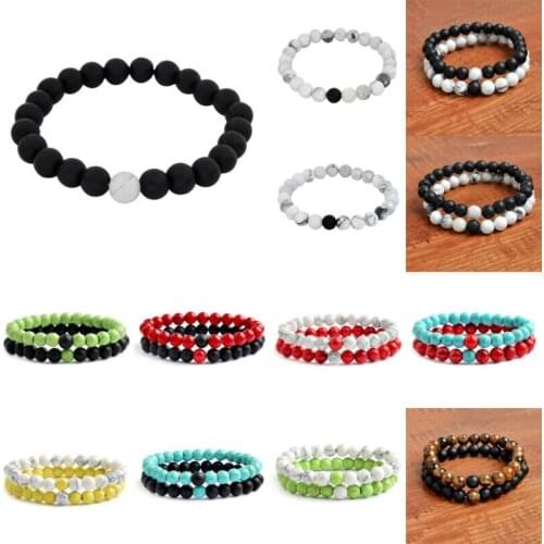 2 Pcs/set Couple Distance Colorful Beads Bracelet Stone Strand Yoga Bracelets Charm Jewelry Gifts for Women Men Lovers