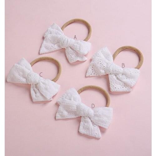 20pcs/lot Handtied White Lace Bow Headband Soft Nylon Hair Band Baby Hair Accessory