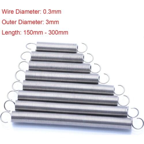 304 Stainless Steel Tension Extension Spring Pullback Spring With Open Hook, Wire Dia 0.3mm x Outer Dia 3mm x Length 150-300mm