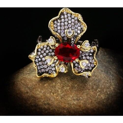 Elegant Ladys Jewelry Black Gold Two-tone Flower with Red Diamond Ladies Ring Attending Cocktail Party 925 Silver Flower Ring