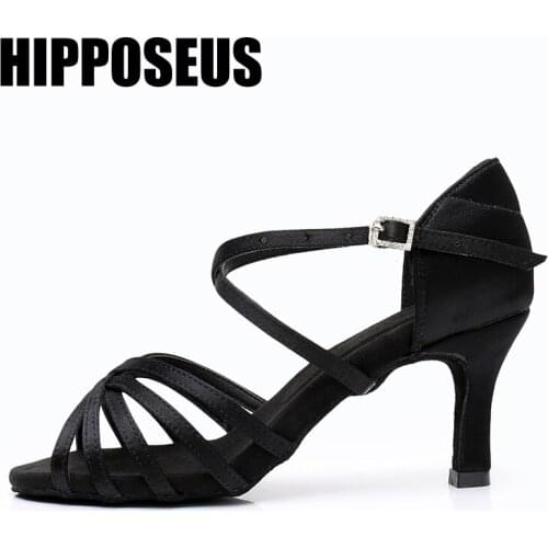 Hipposeus Latin Dance Shoes for Woman Girls Ladies Ballroom Modern Tango Dancing Shoes Satin Rhinestone Buckle Salsa Sandrals