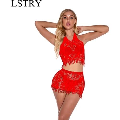 2 PCS Lady See-through Sexy Lingerie Set Solid Color Polka Top Perspective Mesh Underpant Sexy Nightwear Lingerie Halter Fishnet