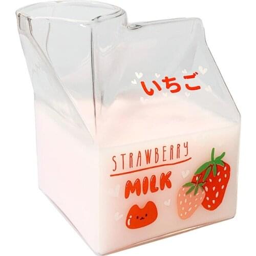 380ml Kawaii Milk Glass Cup Creative Square Clear Milk Carton Water Bottle Wholesale Cute Fruit Heat Resistant Breakfast Cups