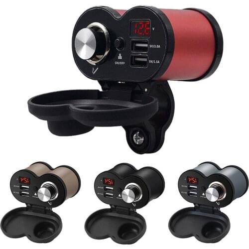 Motorcycle QC 3.0 Dual USB Cigarettes Lighter Charger Voltmeter Time Display