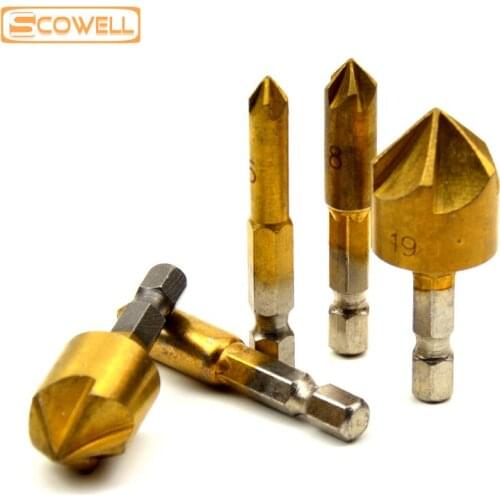 1/4'' Hex Shank 5pcs Countersink Drill Bit Set HSS 5Flute 90 Degree Center Punch Tool Sets Wood Chamfering Cutter