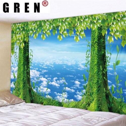 GREN Tapestry Wall Hanging Blue Sky Green Vine Digital Printed Wall Covering Rugs Background Cloth Beach Mat Blanket Home Decor