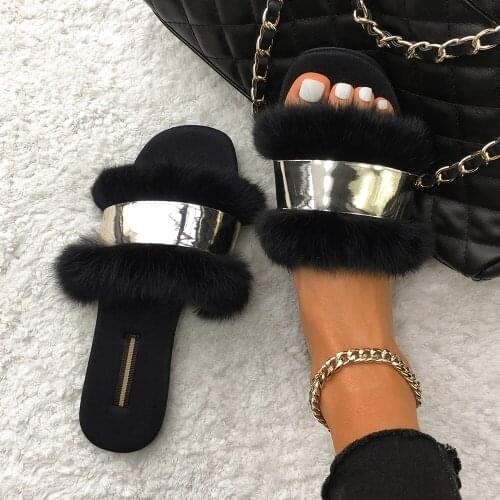Real Rabbit Fur Slippers Fluffy Flip Flops Furry Fur Slides Ladies Gold Luxury Plush Slippers Flat Sandals Designer Women Shoes