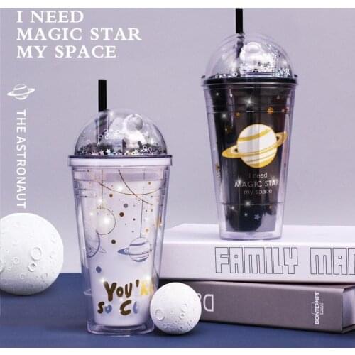 Creative New Space Double Straw Cup Creative Gift Plastic Cup Childrens Water Cup Summer Cute Double Insulation Cup