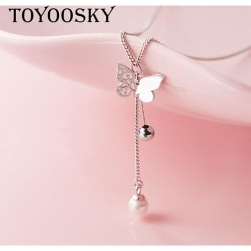 New Design 100% 925 Sterling Silver Butterfly Shell Pearl Long Necklaces Pendant For Women Fashion Silver Jewelry
