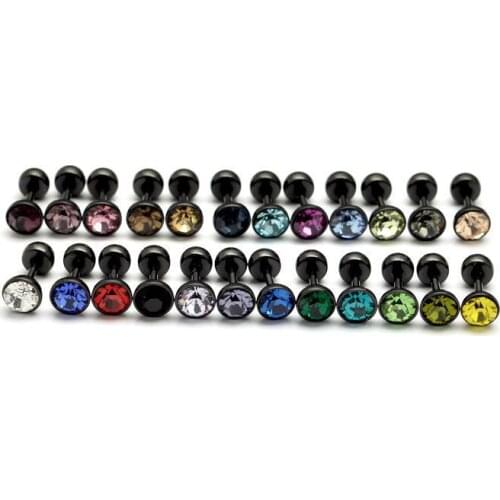 Wholesale mixed 24 colors dumbbell earrings tongue men punk fashion titanium black gem stone ball stud earrings