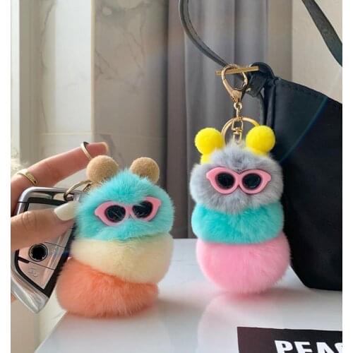 Real Rabbit Fur Caterpillar Pendant Plush Car Keychain Cute Bag Ornaments Key Chains For Women Couple Dolls Handmade D896