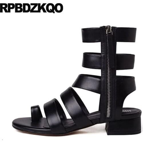 Roman Shoes Chunky Strappy Genuine Leather Low Heel Gladiator Strap Open Toe Ring Knee High Sandals Designer 2018 Thick Women