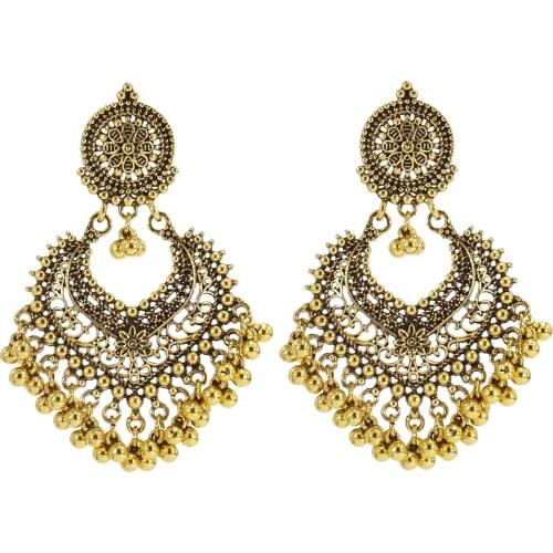 Bohemian Ethnic Style Alloy Bell Pendant Vintage Earrings Exaggerated Tassel Hollow Carved Face-Lift Temperament Jewelry Earring