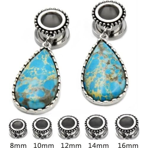 Showlove-1pair Surgical Steel Stone Dew Water Drop Dotted Ear Tunnel Vintage Expander Ear Stretcher Weights Piercing Jewelry
