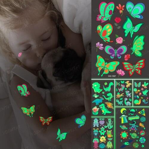 Luminous Glitter Tattoo Stickers Butterfly Flower Children Temporary Waterproof Girl Tatto Body Art Cute Kid Cartoon Fake Tatoo