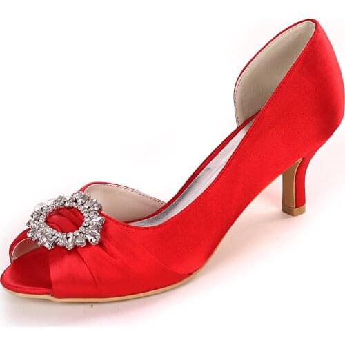 D'orsay Empty Side Women Satin Evening Dress Med Heels Pleated Crystal Bridal Wedding Prom Birthday Party Cocktail Banquet Shoes
