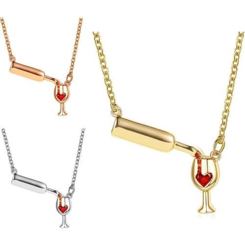 Women Pouring Wine Goblet Faux Ruby Pendant Clavicle Chain Necklace Jewelry