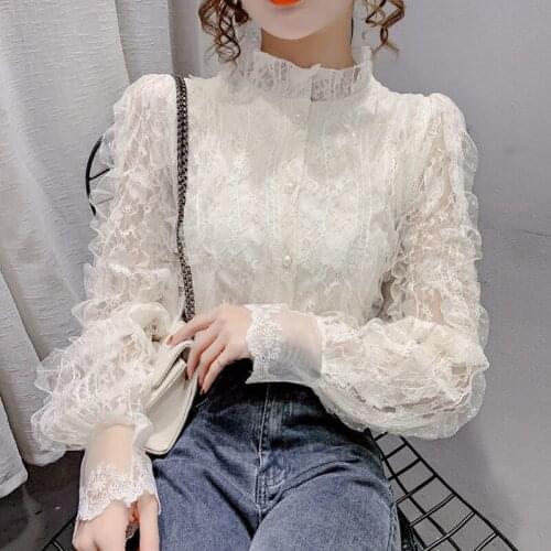Korean Style Stand Collar Lace Mesh Blouse Women New Long Sleeve Elegant Fashion Lady Solid Tops Sweet Clothing Blusas Elegant