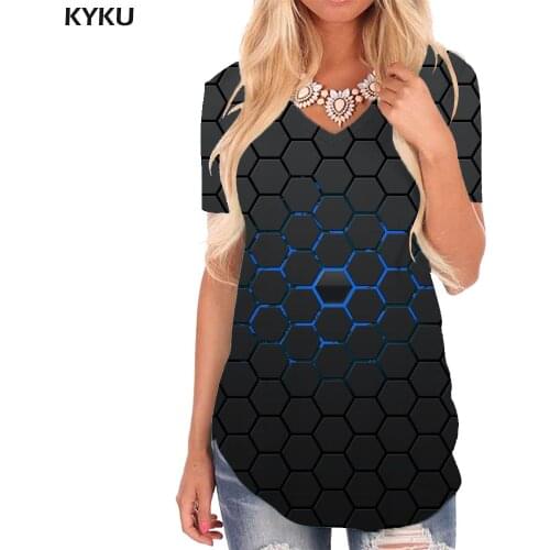 KYKU Abstract T-shirt women Psychedelic Tshirts Printed Dark Blue T-shirts 3d Art V-neck Tshirt Womens Clothing Hip hop Loose