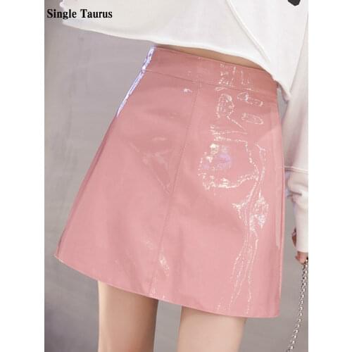 PU Skirt Women High Waist A Line Streetwear Patent Leather Black Pink Blue Casual Faldas Mujer Moda 2020 Sweet Kawaii Saia