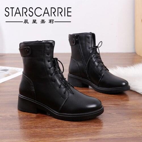 2021 winter new first layer cowhide riding boots warm plush mid-heeled thick-heeled large size womens cotton boots