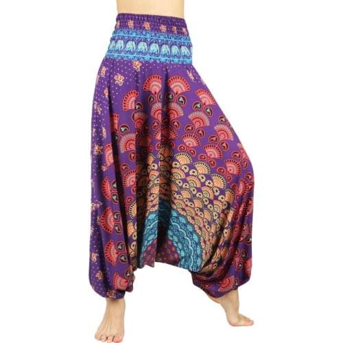 Women Yoga Pant Indian Loose Comfy Soft Harem Trousers Blend Bohemia Multicolor Geometric Print Wide Leg Pants One Size