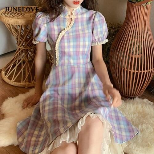 JuneLove 2021 Summer Kawaii Purple Plaid Dress Women Japanese Vintage Sweet Short-sleeved Lace Dress Cheongsam Ruffles Dress