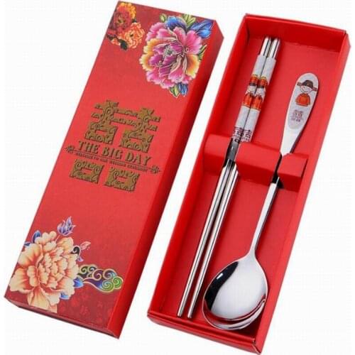 200 Set/Lot Stainless Steel Dinnerware Double Happiness Red Color Spoons Chopstick Sets Wedding Party Gifts For Guest