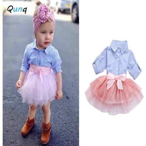 1 2 3 4 Year Baby Girls Clothes Blue Striped Blouses Pink Bow Mesh Skirt Toddler Children Clothing Set Summer Fall Kids Suits