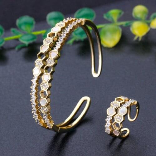 BrideTalk Luxury 2PCS Bangle Ring Cubic zircon Set Fashion shell Jewelry Sets For Women Wedding Engagement gift 2020