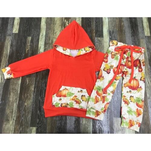 Childrens boutique Fall orange pumpkin Drawstring long sleeve hoodie set