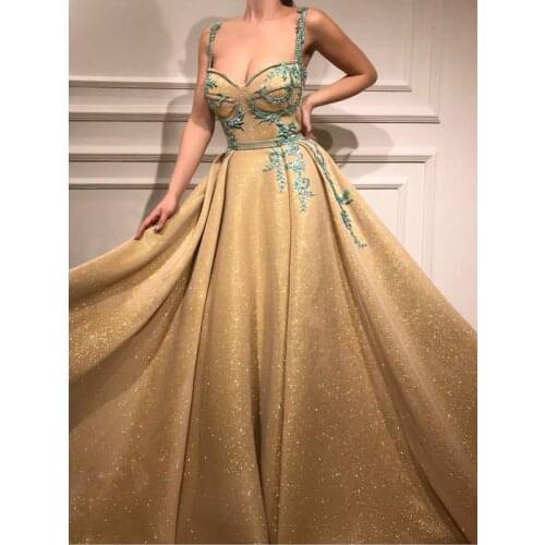 Long Gold Sequin Appliques Prom Dresses 2020 Spaghetti Straps Sweetheart Formal Evening Dress Robe De Soiree