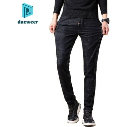 Dueweer Autumn Mens Trousers New Stylish Stretch Slim Fit Pants Youth Casual Solid Color Jeans Waist Drawstring