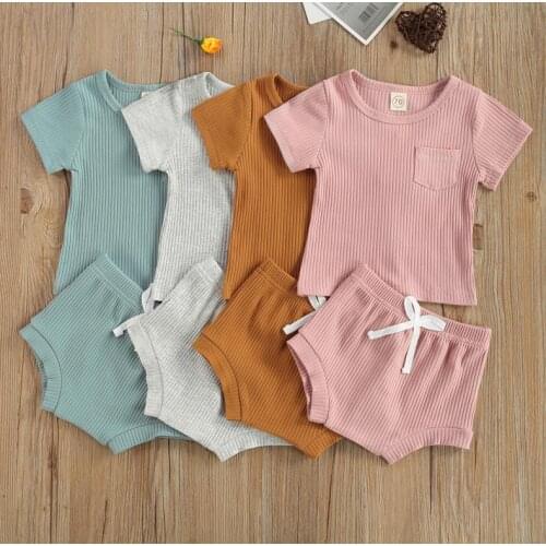 Newborn Baby Summer 2piece Solid Color Outfit Set Short Sleeve Solid Color Tops Shorts Set Kids Boys Girls Cotton Clothing