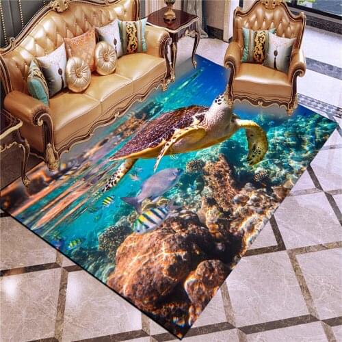 Sea Turtle Print Living Room Carpet 3D Ocean Animals Cartoon Cute Bedroom Carpet for Kids Play Large Carpet