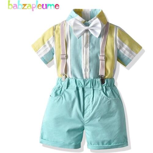 4PCS/1-7Years/Baby Summer Outfits Toddler Boy Clothes Fashion Cotton Stripe Shirt+Shorts+Straps+Tie Children Clothing Set BC1845