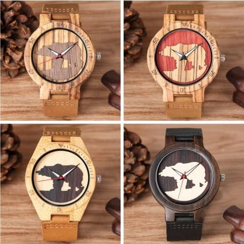 YISUYA Minimalist Three-dimensional Polar Bear Pattern Quartz Natural Wood Watch for Men Luminous Function Leather Watches Gift