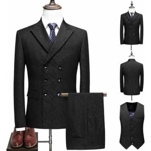 Mens double-breasted suit tuxedo casual jacquard mens suit best man mens wedding suit (jacket+vest+pants)