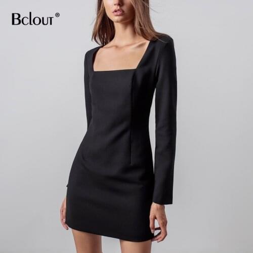 Bclout Sexy Bodycon Mini Dress Female Long Sleeve Office Lady Black Square Collar Dress Autumn High Waist Knitted Elastic Robe