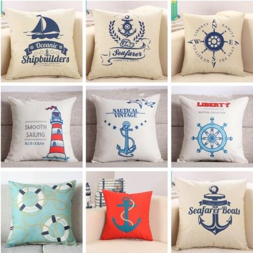 45x45cm Nautical Style Blue White Pillow Case Rudder Anchor Boat Pattern Cotton Linen Sofa Car Decorative Throw Cushion Cover