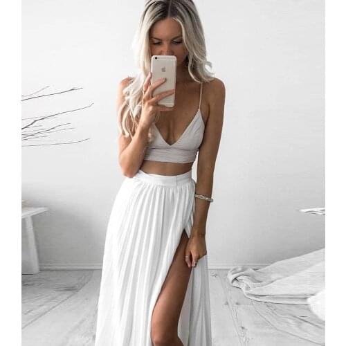 2021A Line Chiffon White Prom Dresses Two Pieces Sweetheart Spaghetti Straps Evening Dresses Front Slit Party Gowns