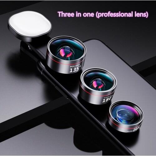 Wide angle mobile phone lens professional shooting external high-definition camera fill light macro fish eye three in one