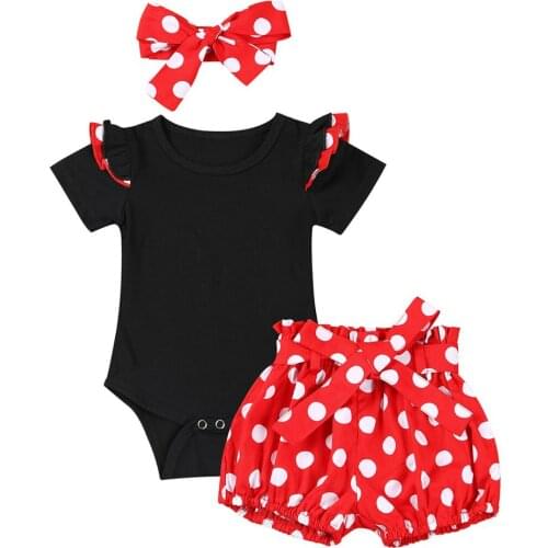 Baby Girl Ruffle Tops Clothing Newborn Kids Baby Girls Outfits Clothes Romper Bodysuit +Polka Dots Printed Shorts + Headband Set