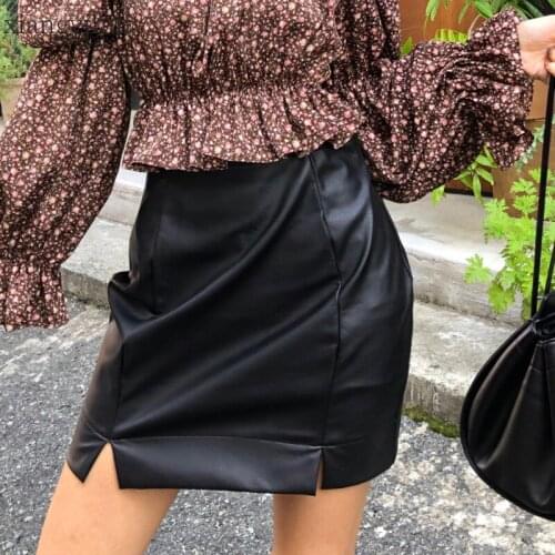 Split Sexy Faux Leather Skirt Women Mini A-line High Waist Package Hip Short Skirts Black Pu Leather Skirt for Female Ladies New