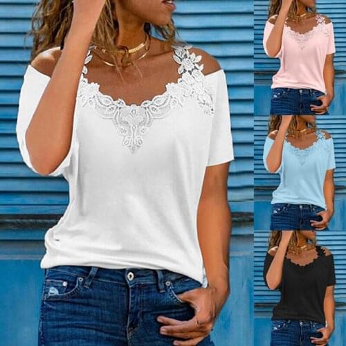2021 Summer New Lace Short Sleeve Ladies T-Shirt Women Oversize Off Shoulder Solid V-Neck Loose Casual Top Tee Tunic Plus Size