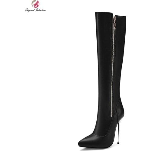 Original Intention Women Knee High Boots Fashion Pointed Toe Thin High Heels Boots Elegant Black White Shoes Woman Size 3-12