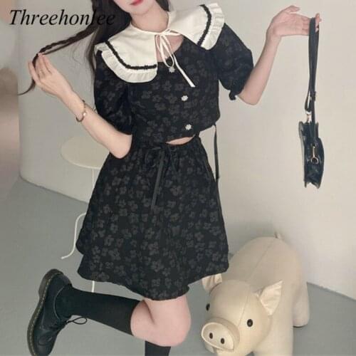 Japanese Vintage Sweety Women Suit Summer Bandage Bow Sailor Collar Puff Sleeve Top And Kawaii Mini Skirt Floral Two-piece Sets