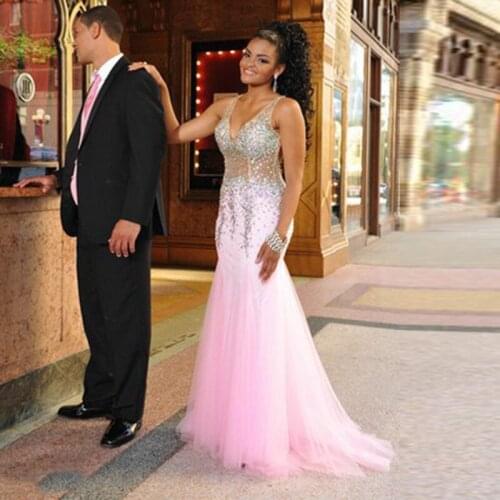Sexy Beads Tulle Prom Gown V-neck Mermaid Long Evening Dress robe de soiree