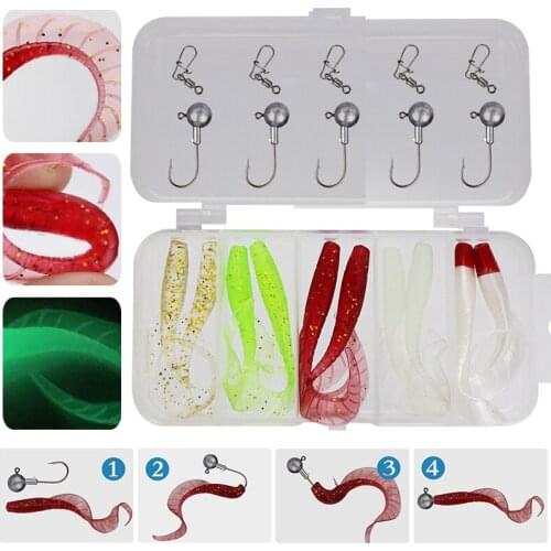 20pcs/set Soft Fishing Lures Set Jelly Worm Glitter Hook Jig Head Gear Swimbait Fishing Tackle Artificial Soft Baits
