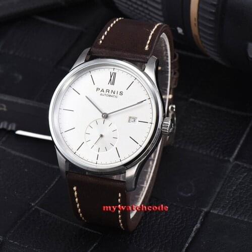 42mm Parnis White Dial Date Window Coffee Leather Strap Automatic Mens Watch Glass Back 955